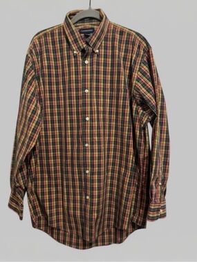 Lands End Mens No Iron 16 1/2 - 33 Plaid Long Sleeve Button Up Shirt Preppy L